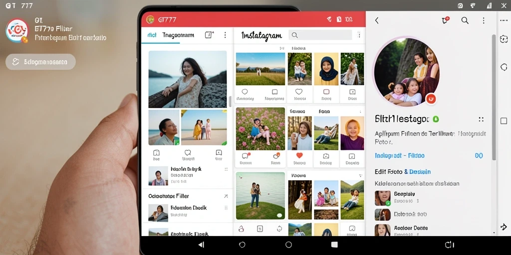 Antarmuka aplikasi GT777 dengan berbagai pilihan filter Instagram.